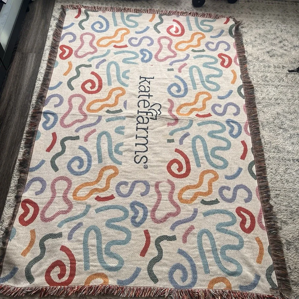Rare Throw Tapestry Blanket Abstract 68 x 48 Colorful Squiggly Fringe